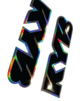Holographic black and rainbow letter 'A' on a white background